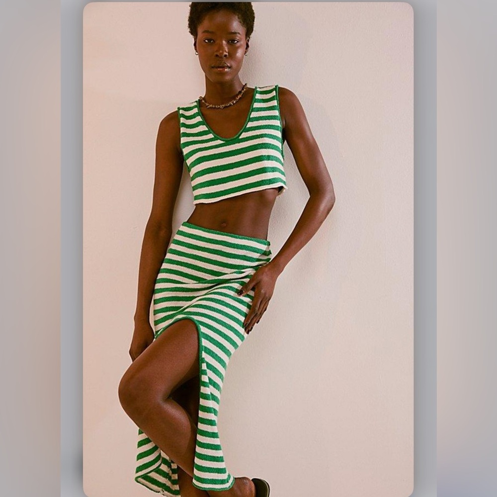 Free People Beach Bailey Green and White Striped Skirt Set